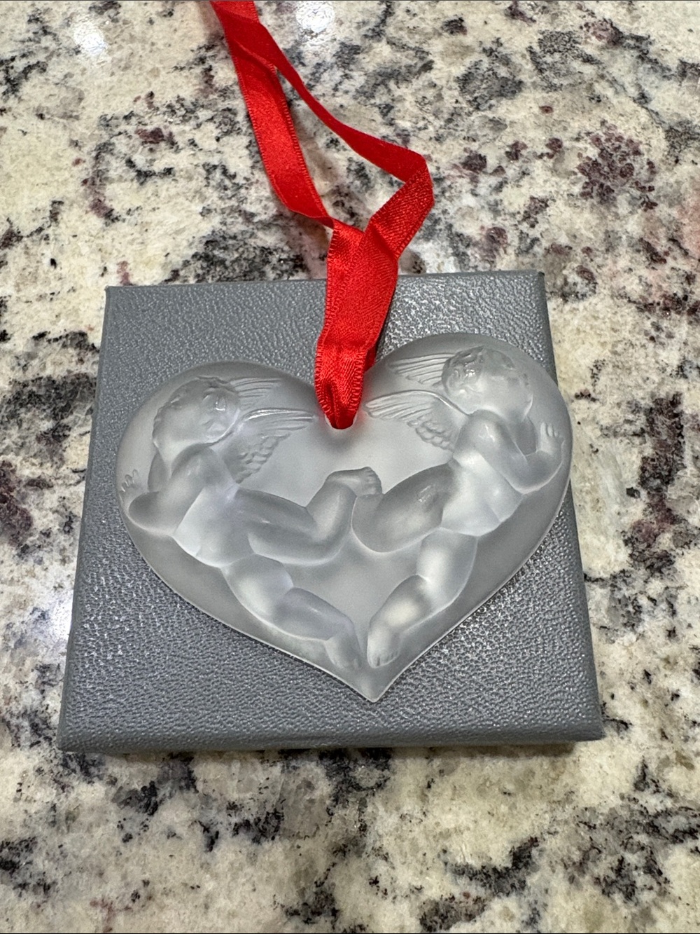 Lalique 1996 Heart with 2 Cherubs Christmas Ornament.